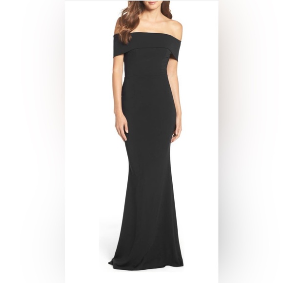 Katie May off the shoulder gown.  Size 10 petite, color black.  Like new! - Picture 2 of 4